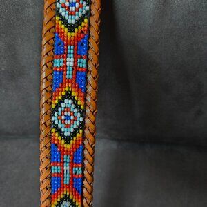 Multicolor beaded brown leather belt with beautiful hardware.